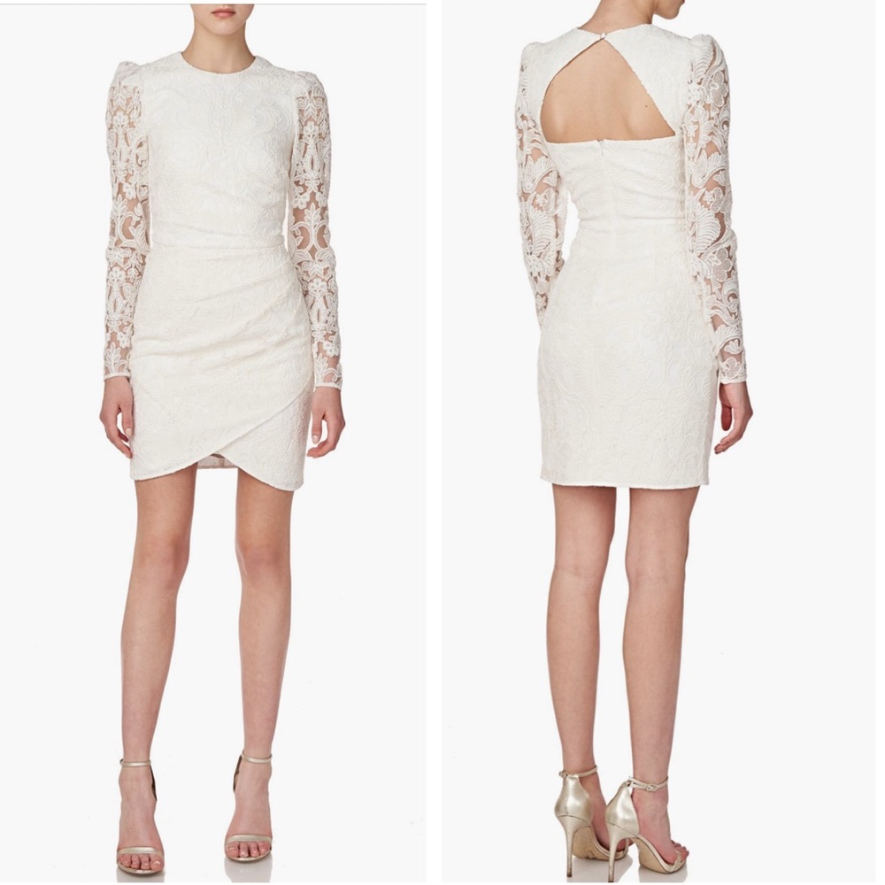 ML MONIQUE LHUILLIER Lace Cut Out Back Long Sleeve Dress NEW White Size 12